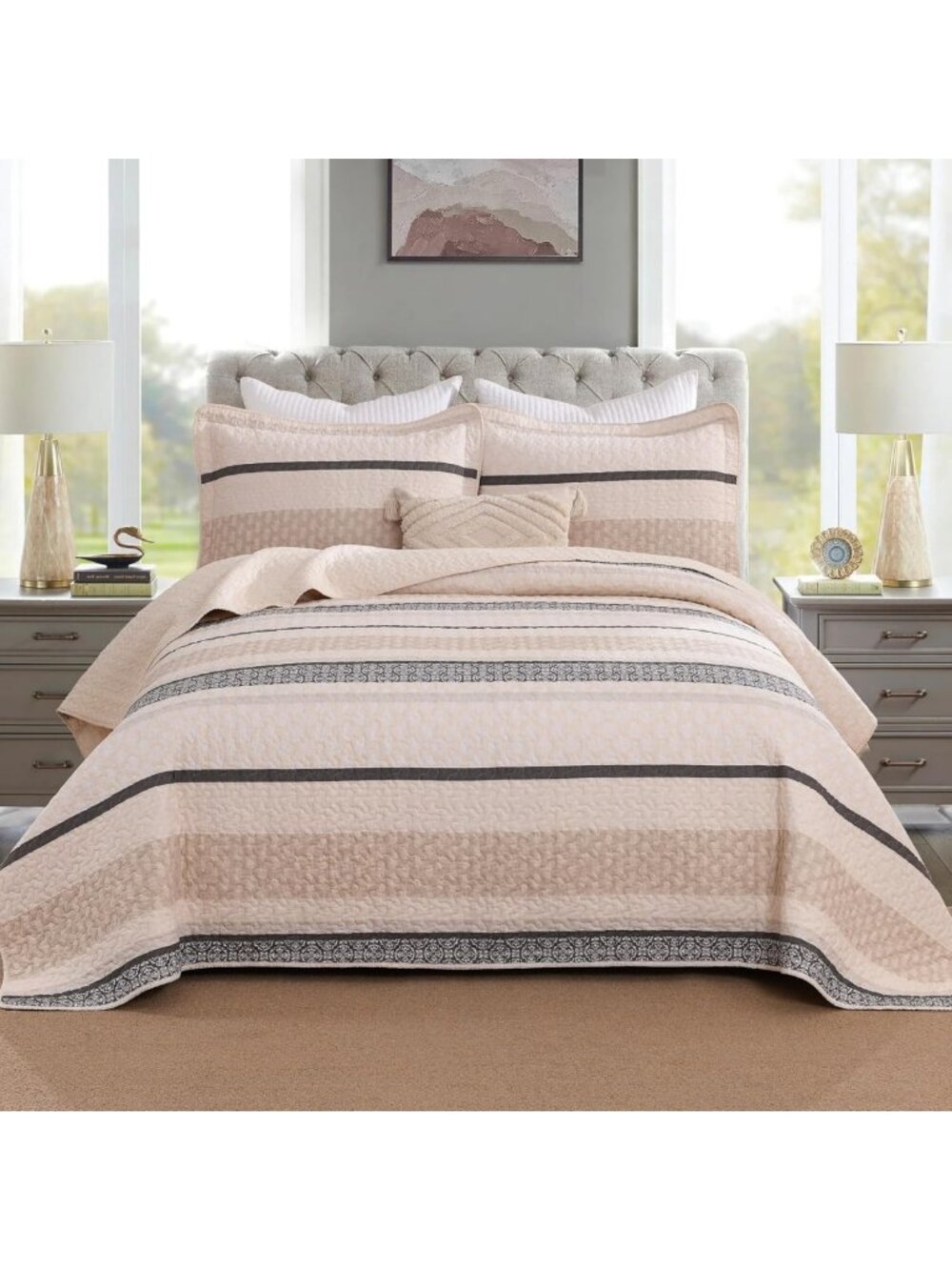 Reversible King Size Comforter Set - Lightweight Beige & Grey Striped Bedding, 2